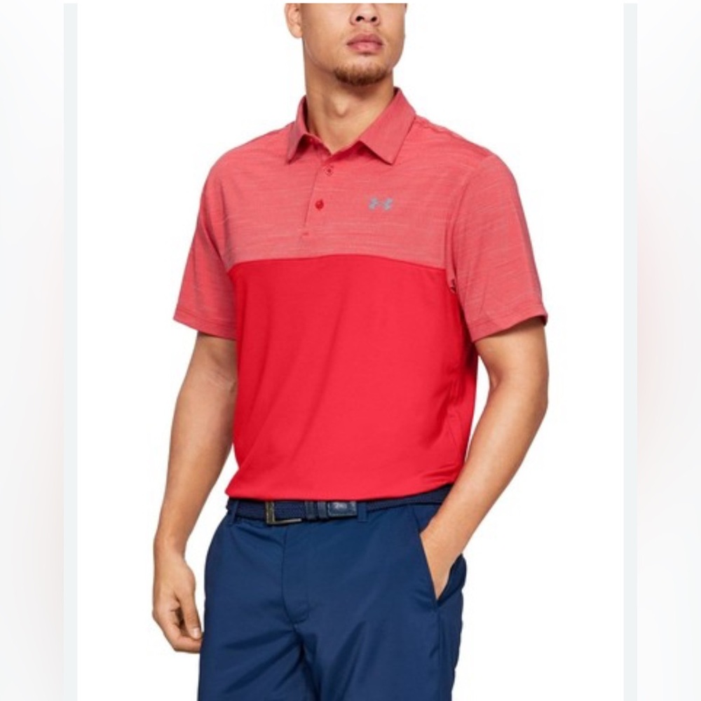 Under Armour red loose heatgear short sleeve golf polo top